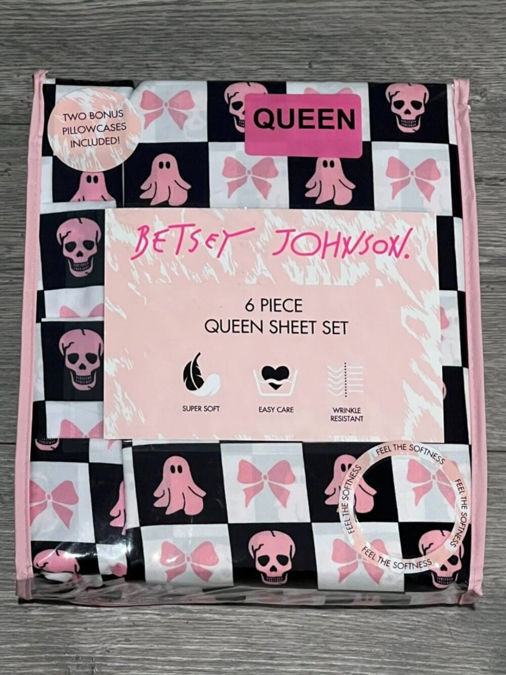 BETSEY JOHNSON QUEEN Skull Ghost Bow Halloween Sheet Set Sheets 6pc Black Pink